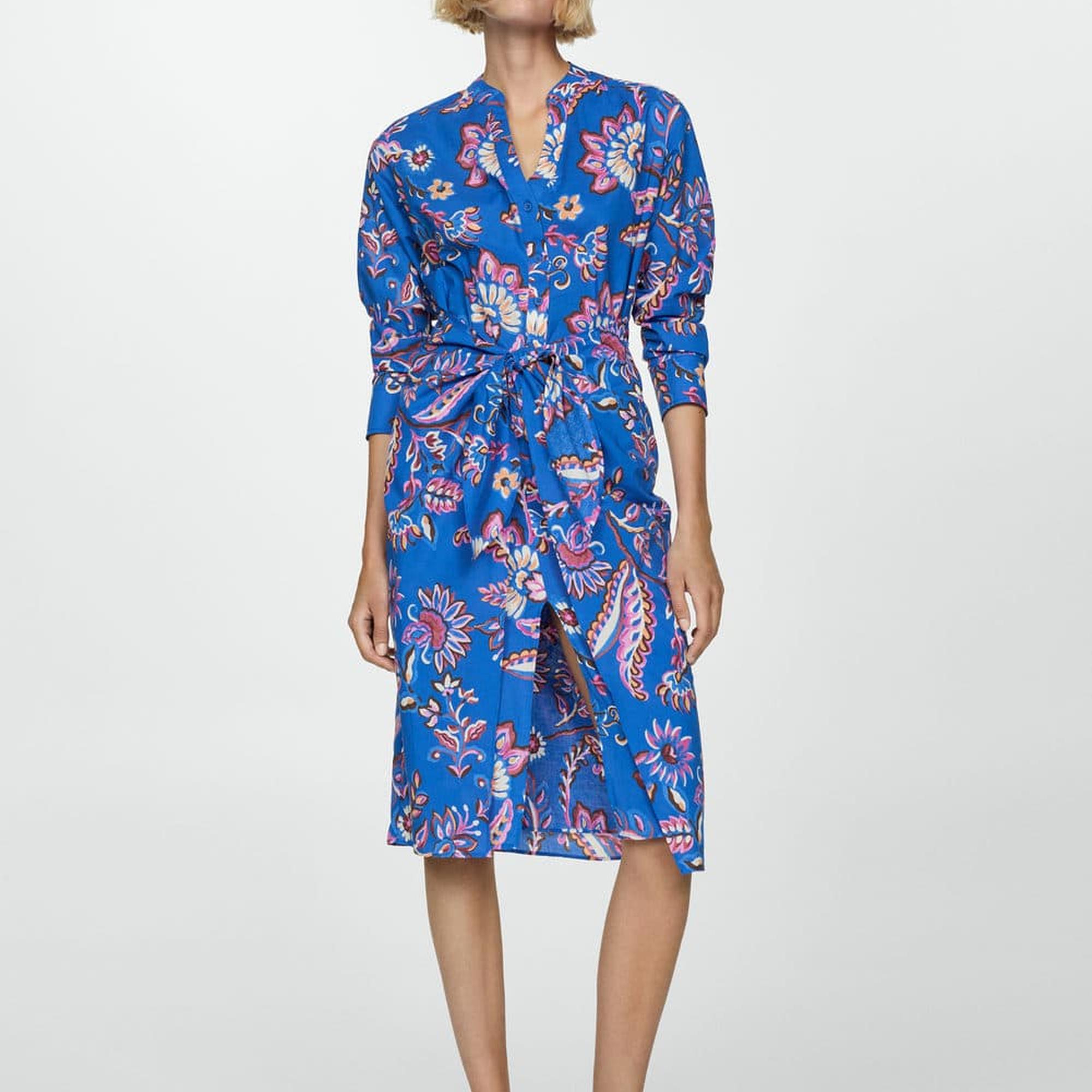 Mango Kadın Bağ Detaylı Çiçek Desenli Elbise Mavi