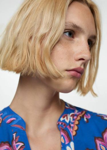  Mango Kadın Bağ Detaylı Çiçek Desenli Elbise Mavi