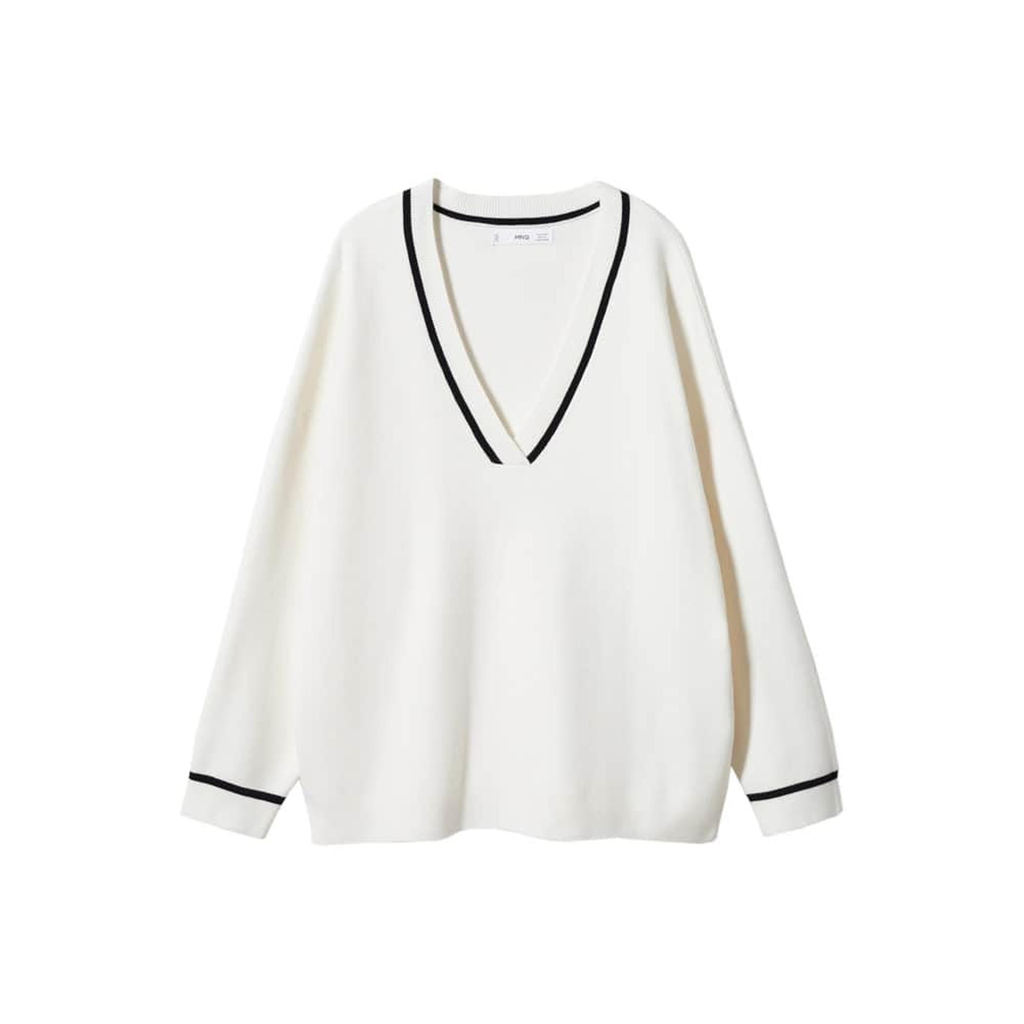 Mango Kadın Kontrast V Yakalı Kazak Ekru