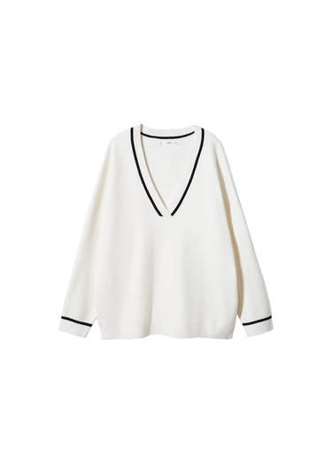  Mango Kadın Kontrast V Yakalı Kazak Ekru