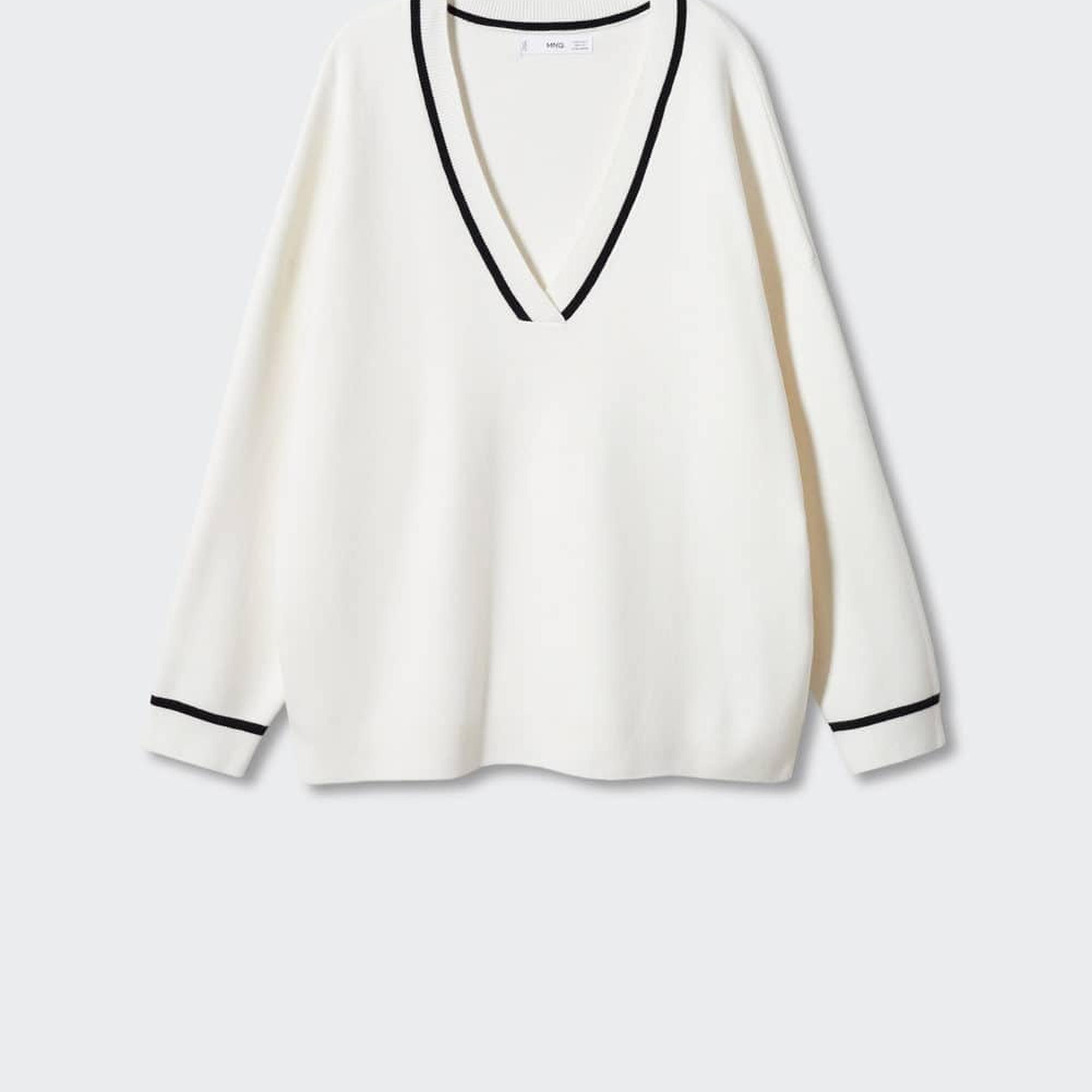 Mango Kadın Kontrast V Yakalı Kazak Ekru