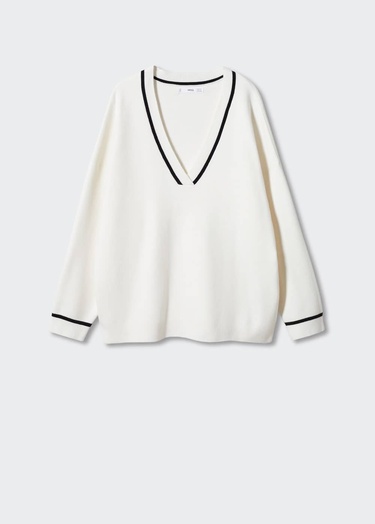  Mango Kadın Kontrast V Yakalı Kazak Ekru