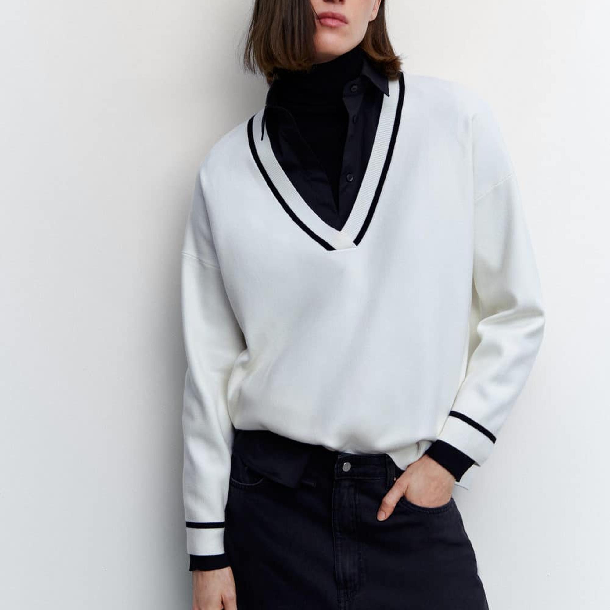 Mango Kadın Kontrast V Yakalı Kazak Ekru