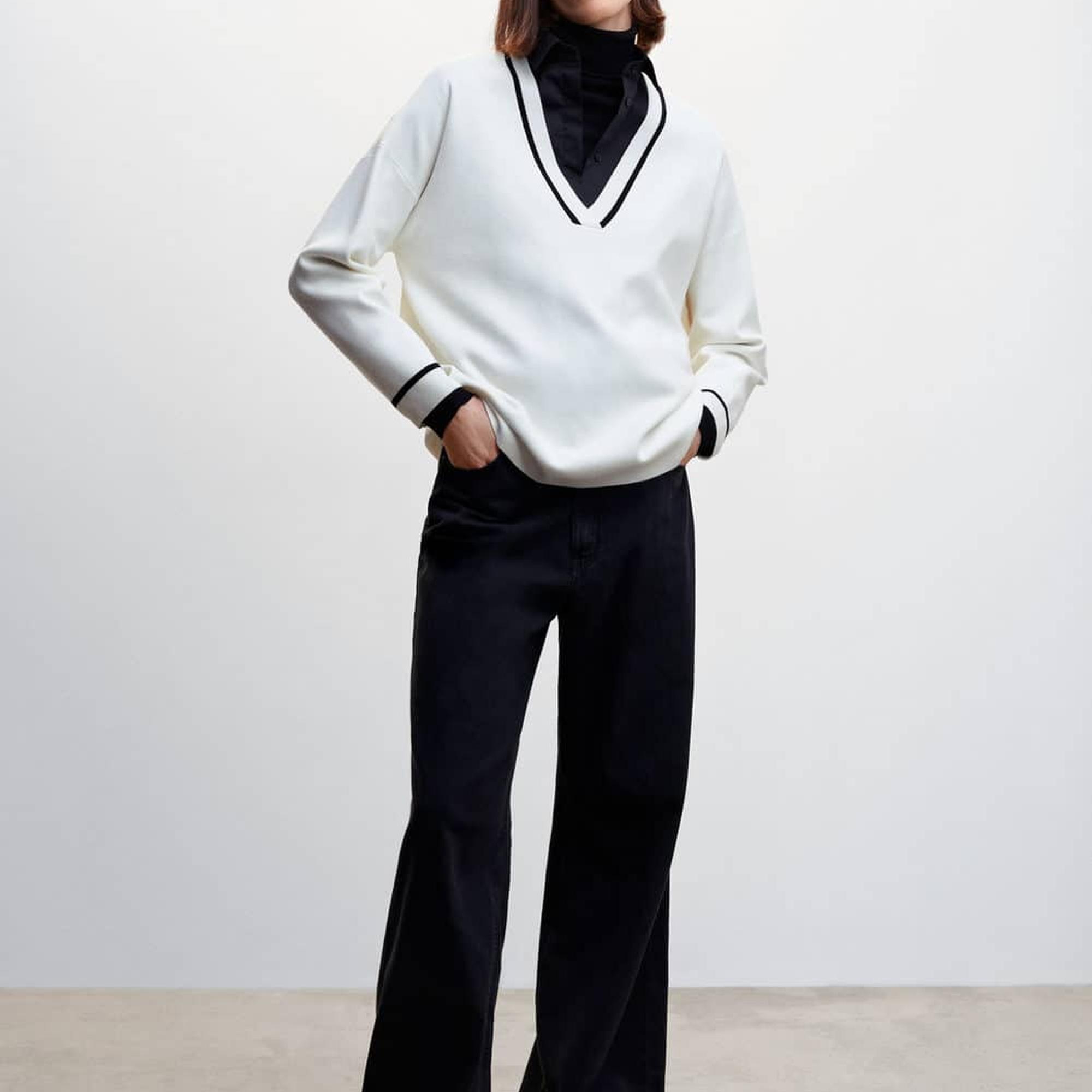 Mango Kadın Kontrast V Yakalı Kazak Ekru