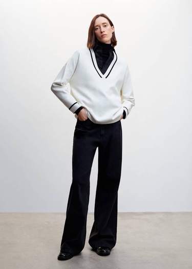  Mango Kadın Kontrast V Yakalı Kazak Ekru