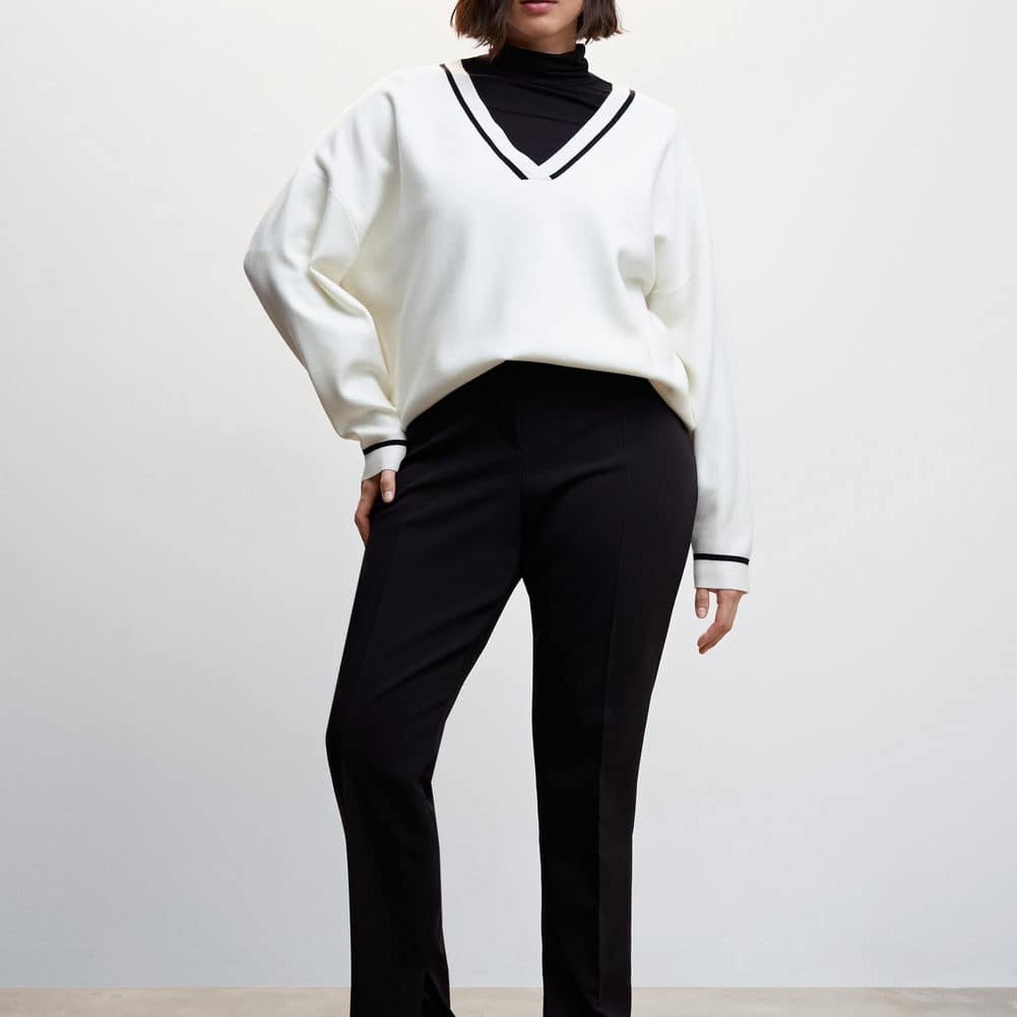 Mango Kadın Kontrast V Yakalı Kazak Ekru