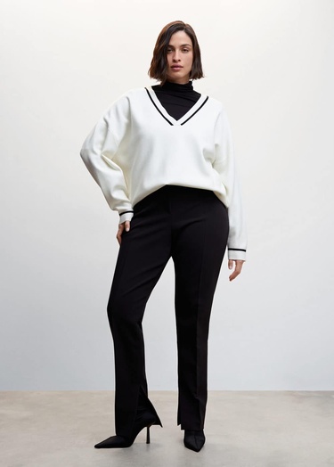  Mango Kadın Kontrast V Yakalı Kazak Ekru