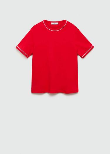  Mango Kadın Kontrast Süslemeli Pamuklu Tişört Kirmizi