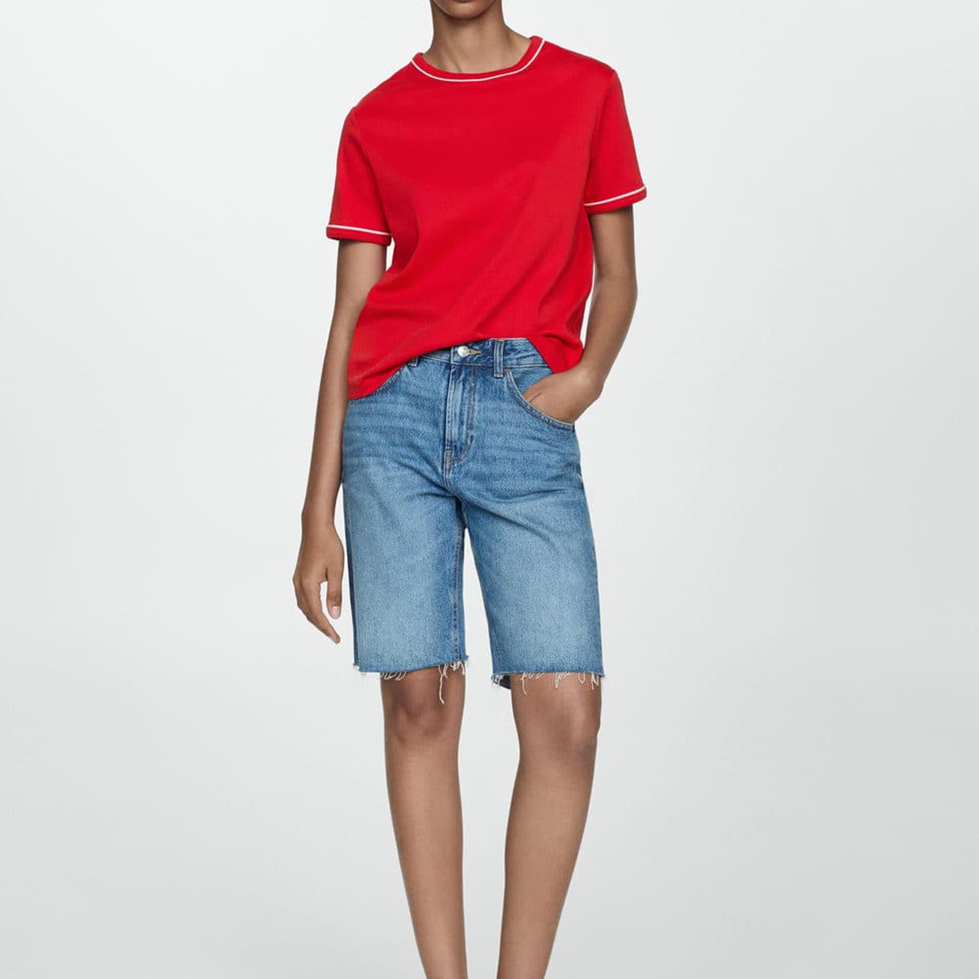 Mango Kadın Kontrast Süslemeli Pamuklu Tişört Kirmizi