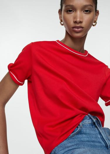  Mango Kadın Kontrast Süslemeli Pamuklu Tişört Kirmizi
