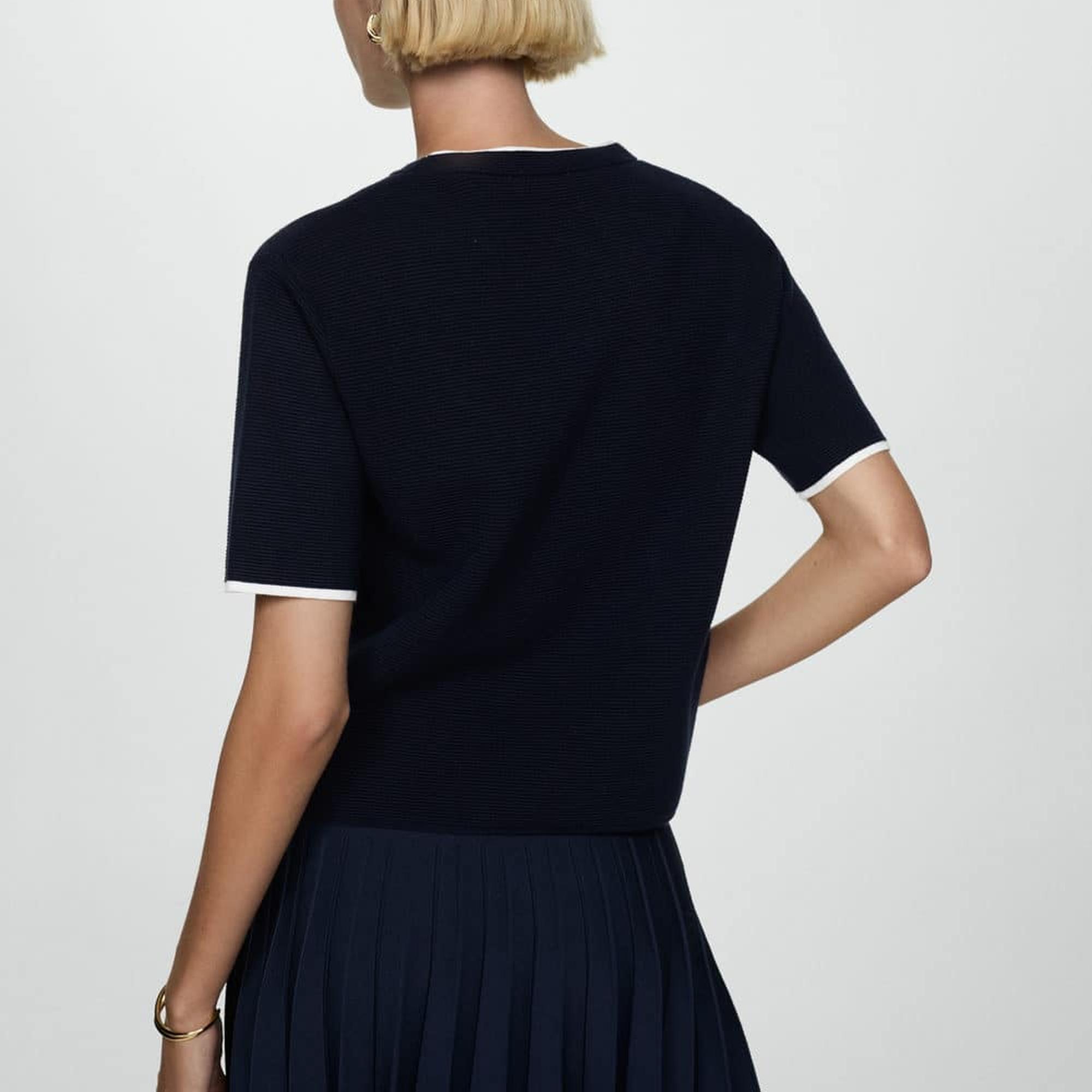 Mango Kadın Kontrast Çizgili Kısa Kollu Kazak Lacivert