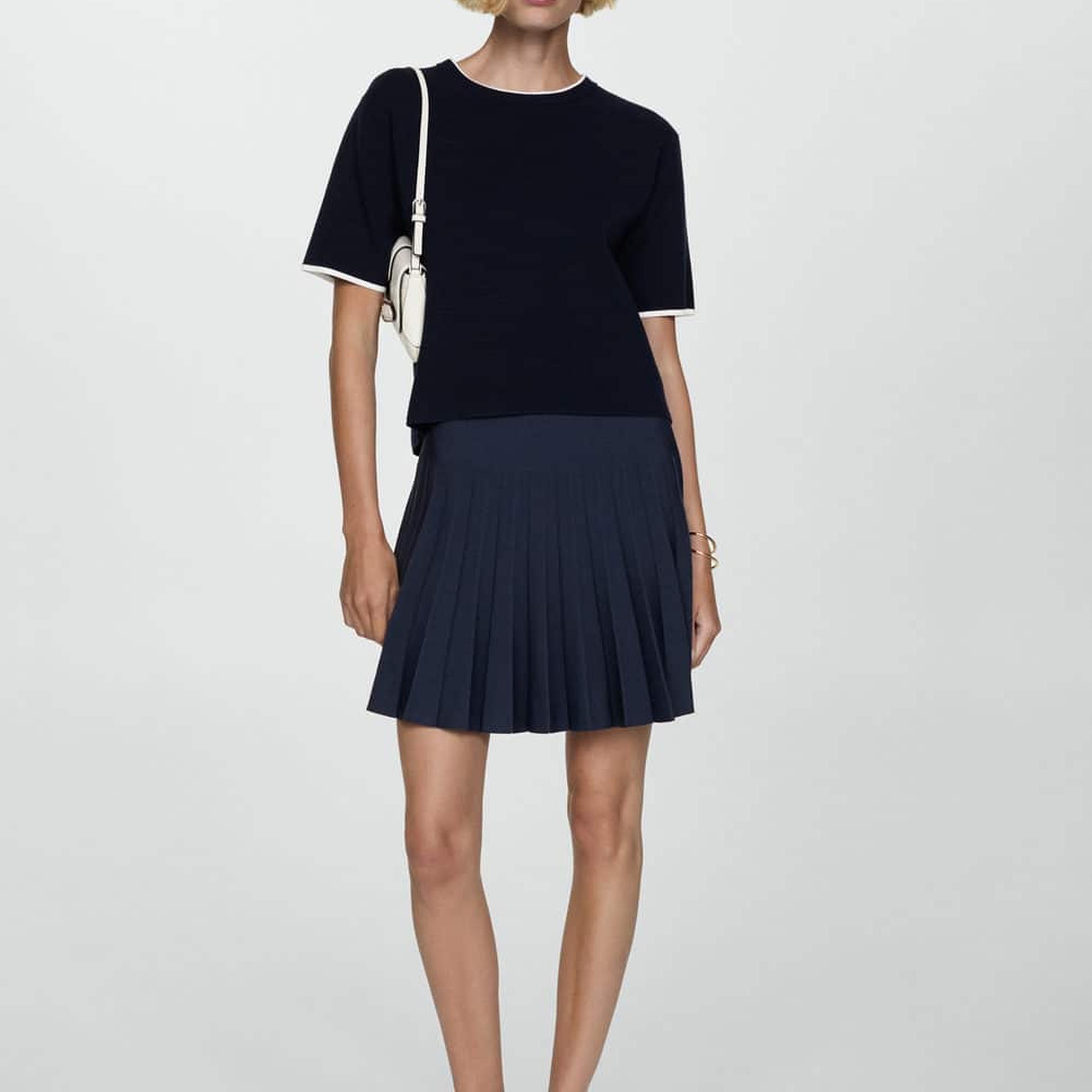 Mango Kadın Kontrast Çizgili Kısa Kollu Kazak Lacivert