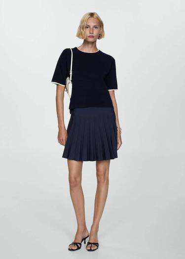  Mango Kadın Kontrast Çizgili Kısa Kollu Kazak Lacivert