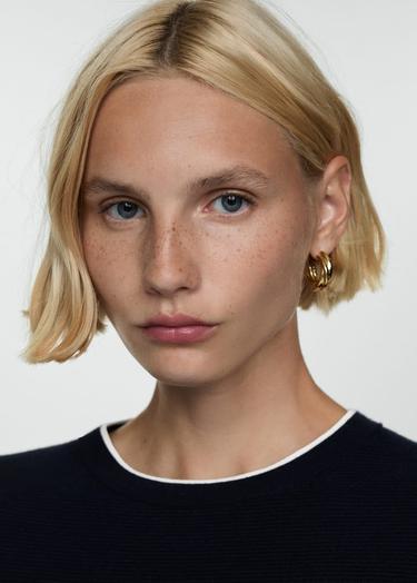  Mango Kadın Kontrast Çizgili Kısa Kollu Kazak Lacivert