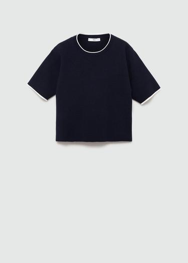  Mango Kadın Kontrast Çizgili Kısa Kollu Kazak Lacivert