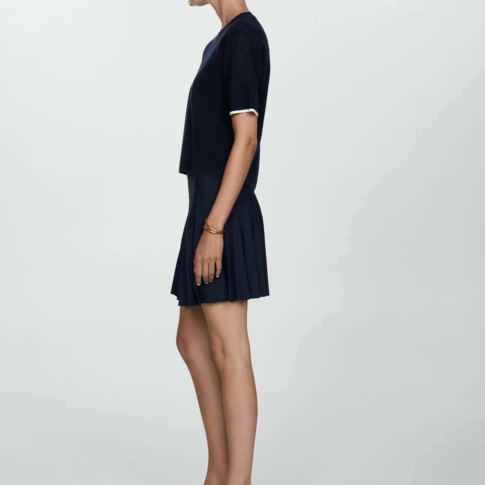 Mango Kadın Kontrast Çizgili Kısa Kollu Kazak Lacivert