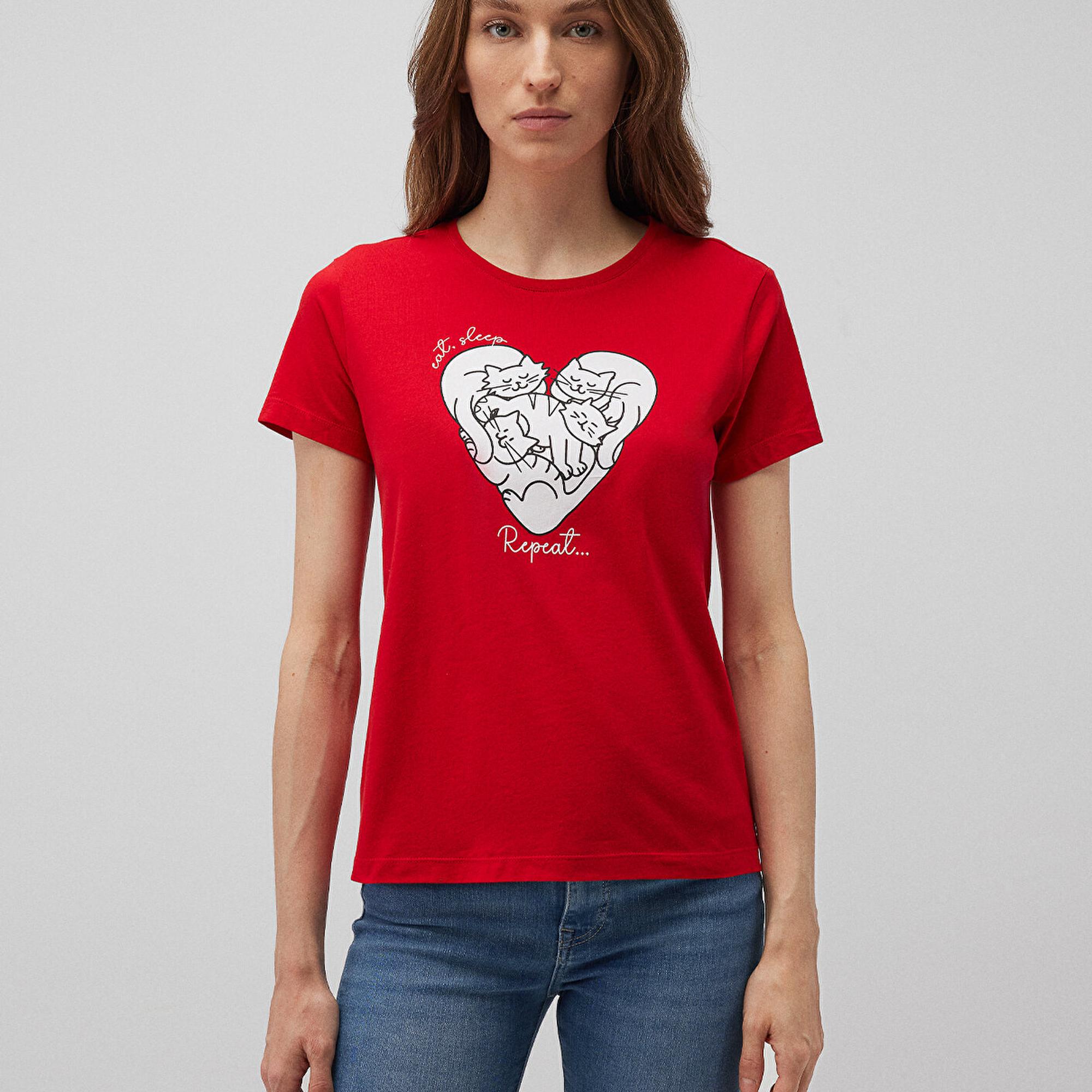 Mavi Baskılı Kırmızı Tişört Slim Fit / Dar Kesim 1612604-82054