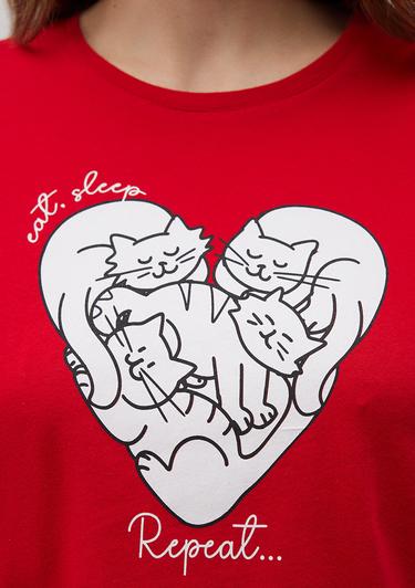  Mavi Baskılı Kırmızı Tişört Slim Fit / Dar Kesim 1612604-82054