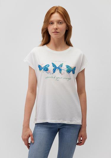  Mavi Baskılı Beyaz Tişört Regular Fit / Normal Kesim 1612617-70057