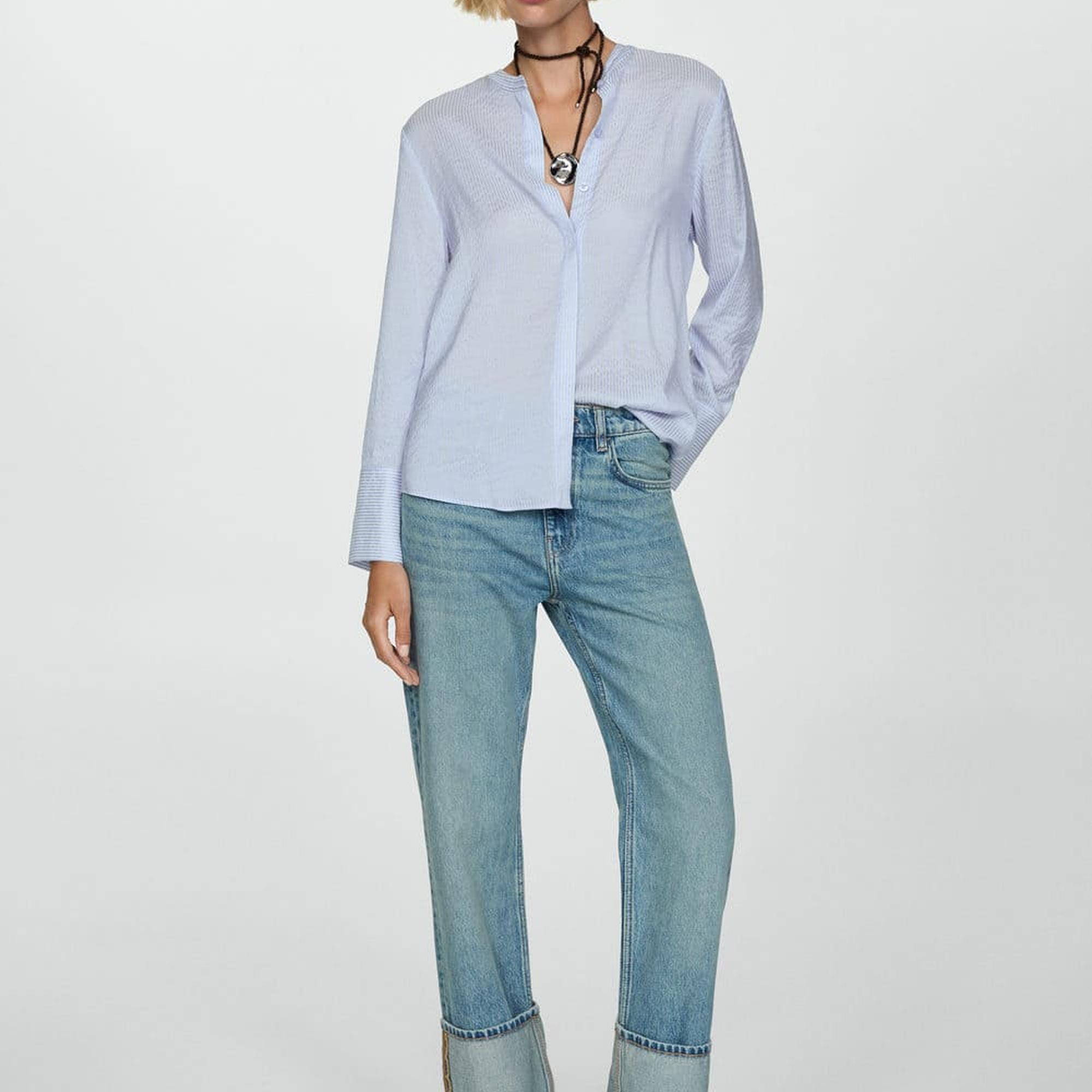 Mango Kadın Çizgili Dökümlü Gömlek Mavi