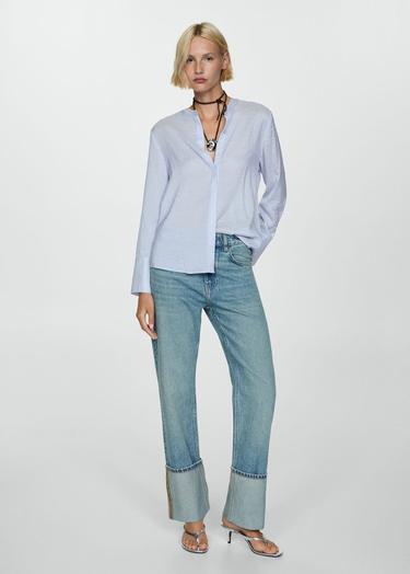  Mango Kadın Çizgili Dökümlü Gömlek Mavi