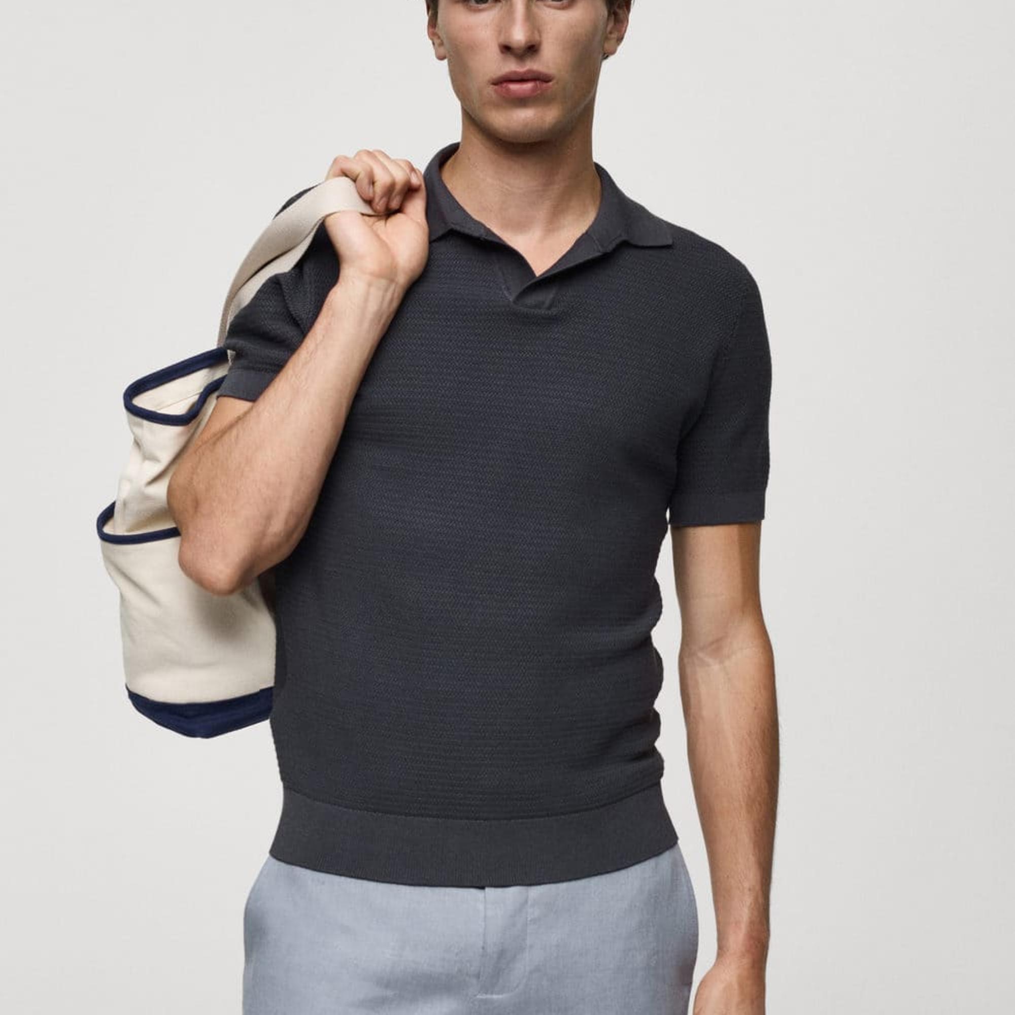 Mango Erkek Tencel Pamuklu Örgü Desenli Triko Polo Gömlek Koyu Gri