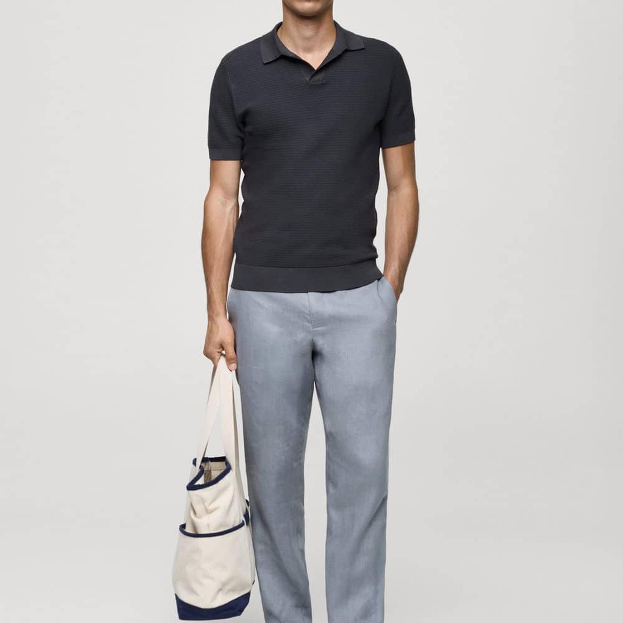 Mango Erkek Tencel Pamuklu Örgü Desenli Triko Polo Gömlek Koyu Gri