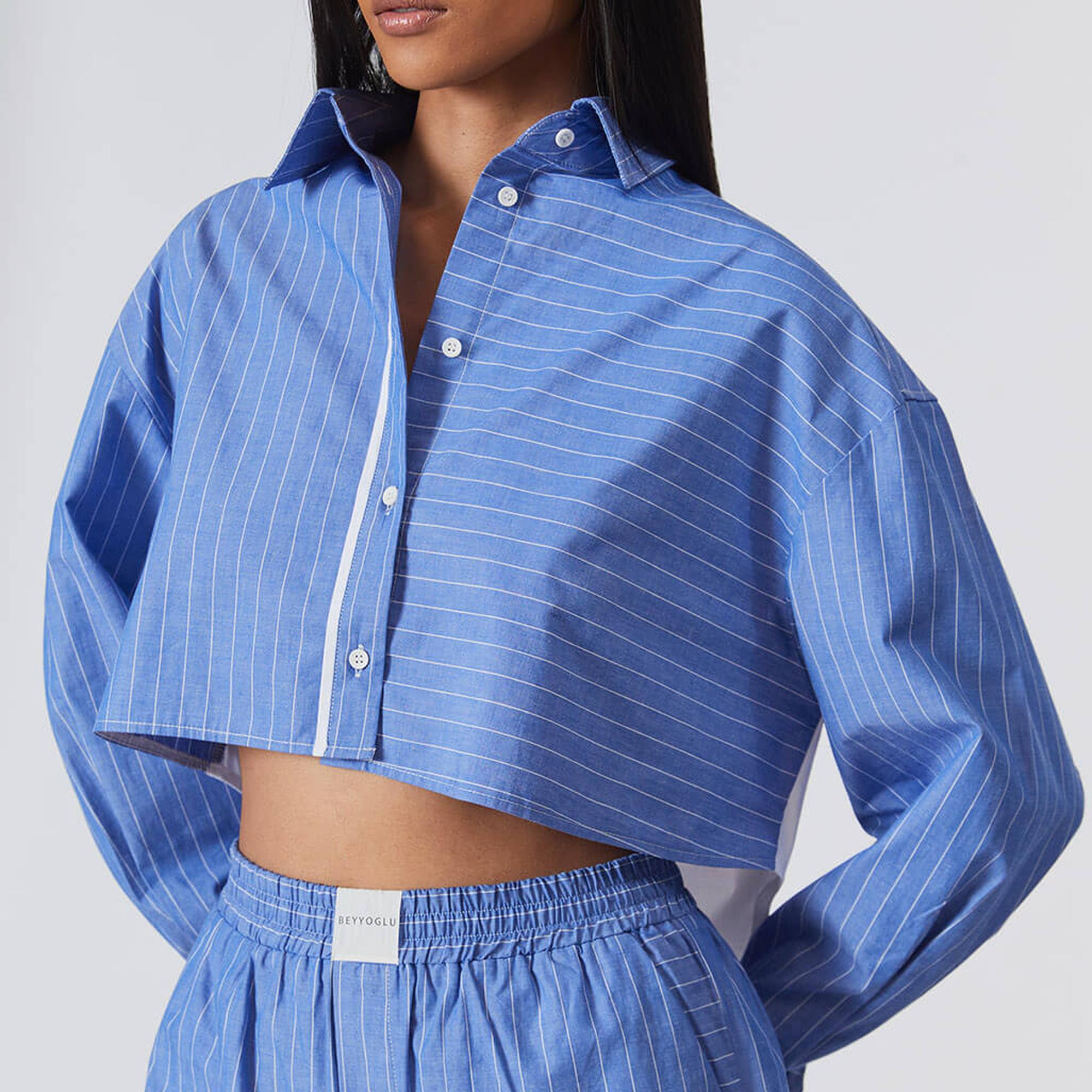 Çizgili Kontrast Crop Gömlek