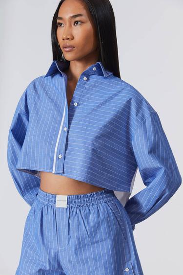  Çizgili Kontrast Crop Gömlek