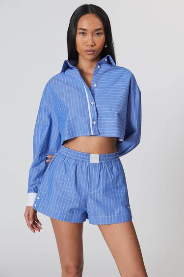  Çizgili Kontrast Crop Gömlek
