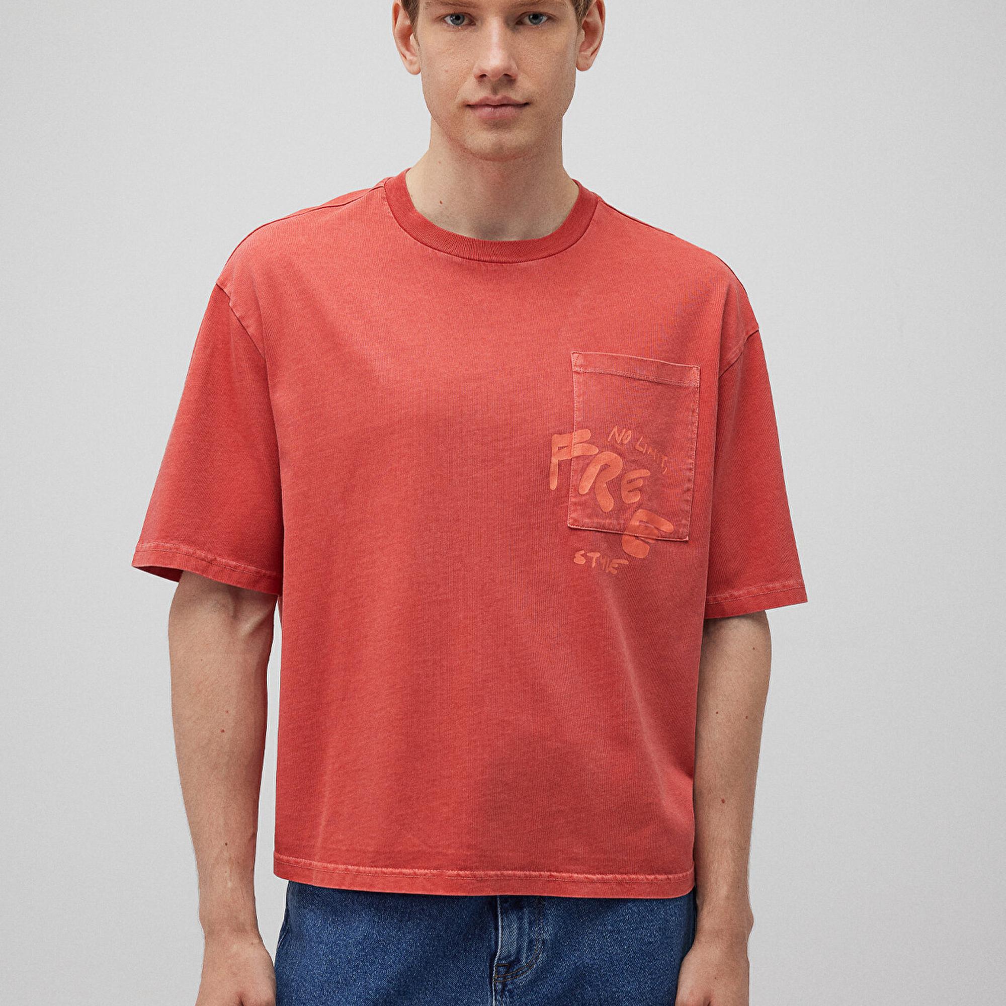 Mavi Baskılı Kırmızı Tişört Oversize / Geniş Kesim 0612241-70446