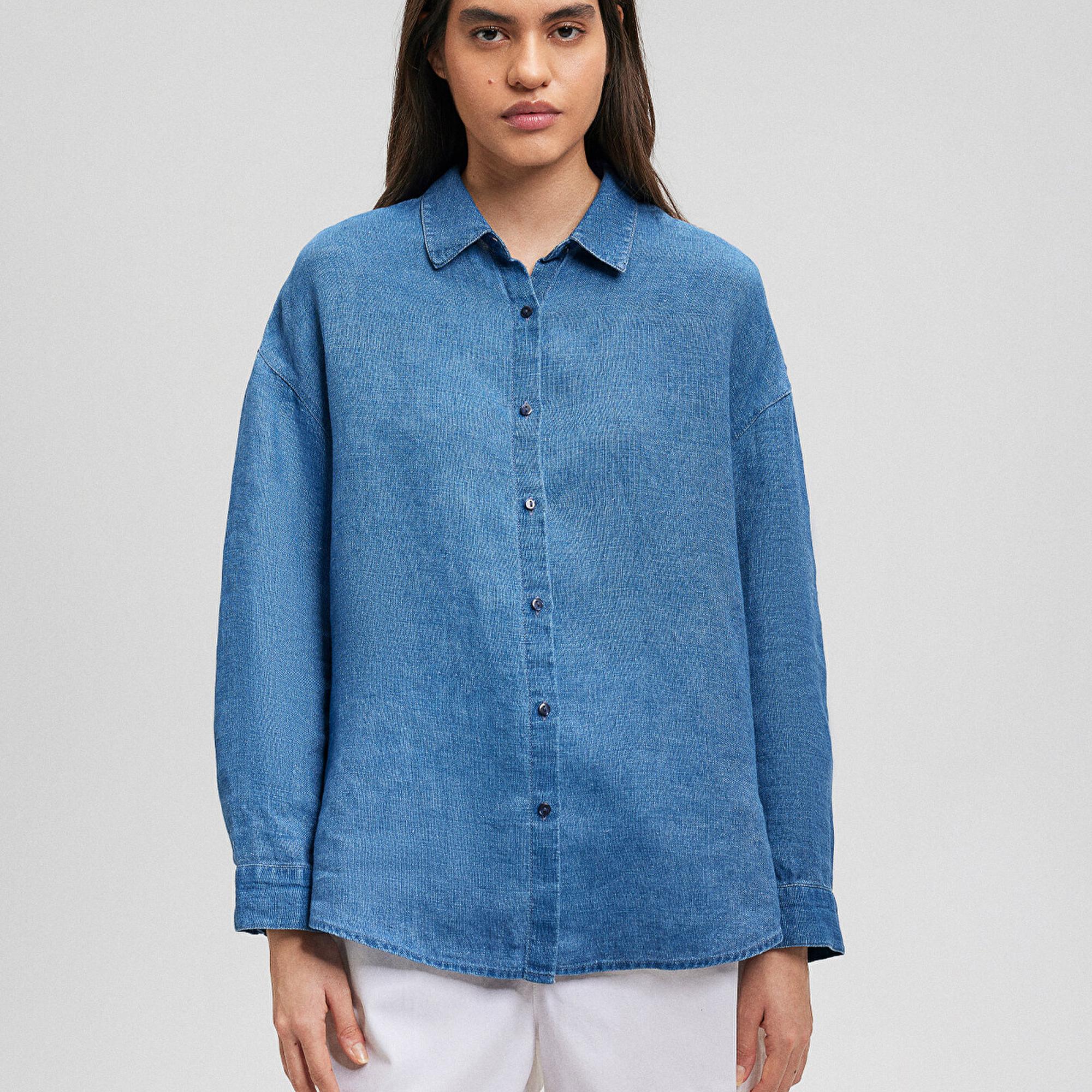 Mavi Mavi Keten Gömlek Loose Fit / Bol Rahat Kesim 1210726-70760