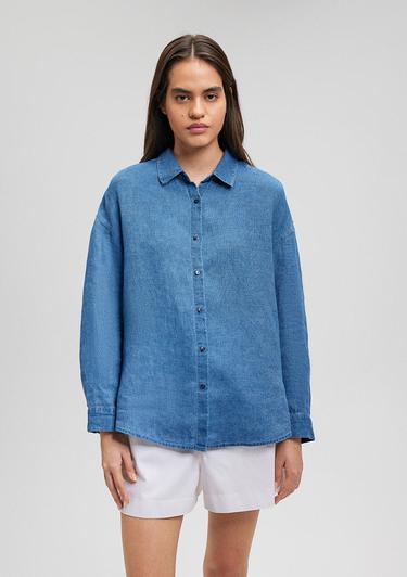  Mavi Mavi Keten Gömlek Loose Fit / Bol Rahat Kesim 1210726-70760