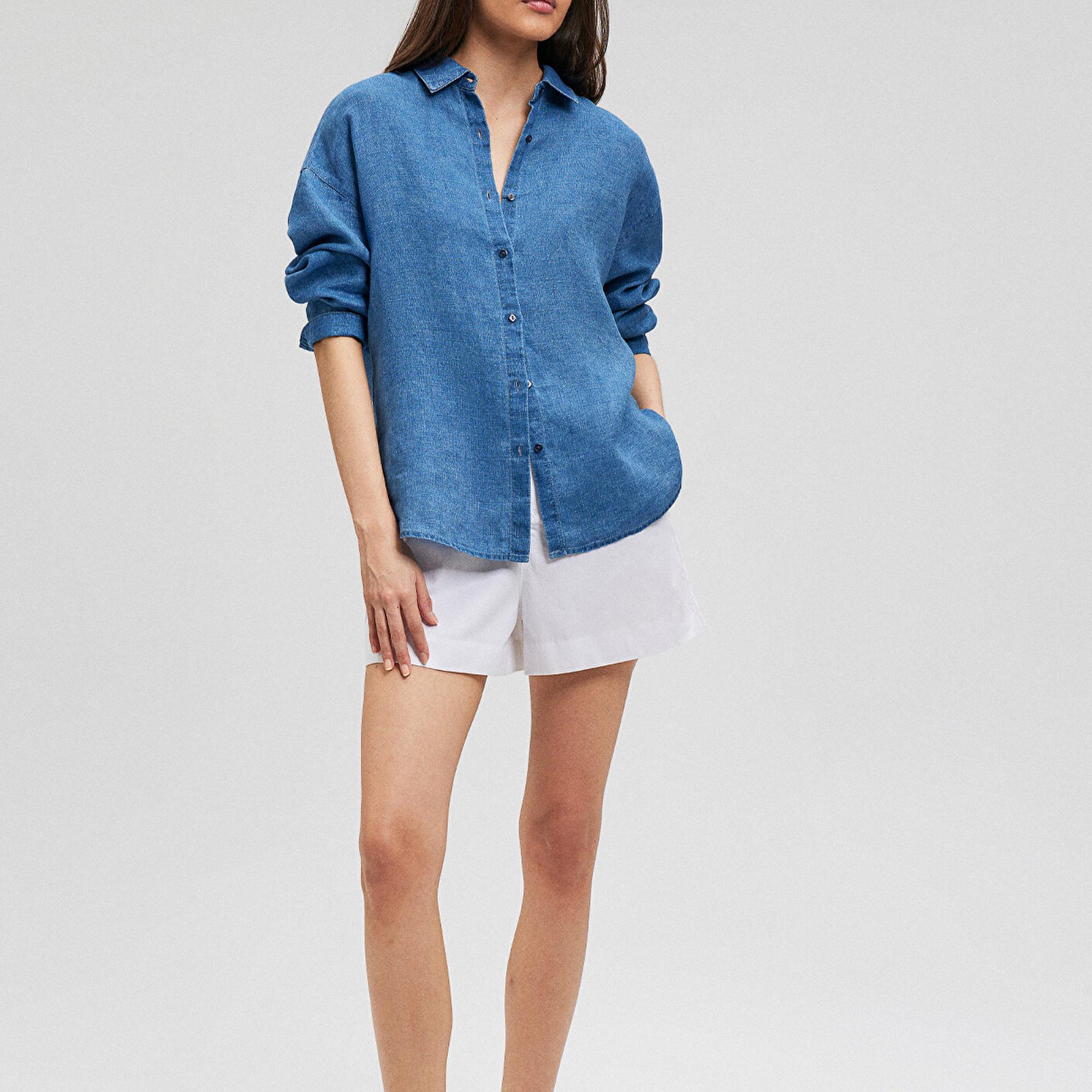 Mavi Mavi Keten Gömlek Loose Fit / Bol Rahat Kesim 1210726-70760