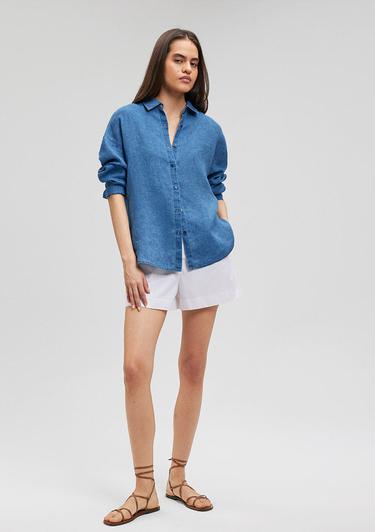  Mavi Mavi Keten Gömlek Loose Fit / Bol Rahat Kesim 1210726-70760