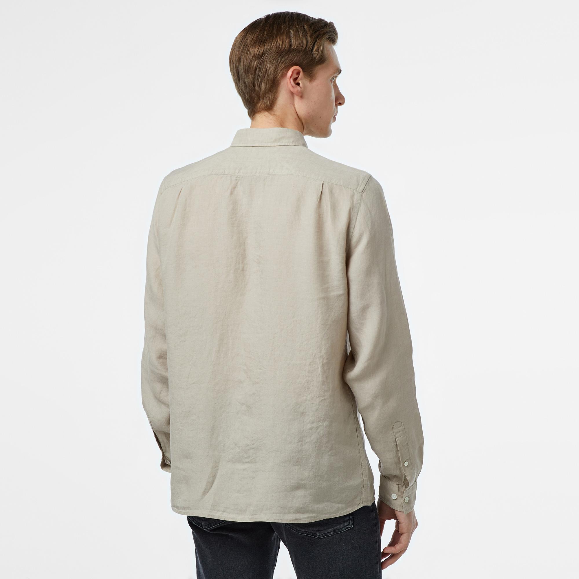 Erkek Regular Fit Düğmeli Yaka Keten Bej Gömlek