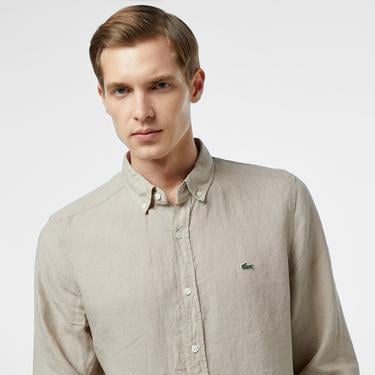  Lacoste Erkek Regular Fit Düğmeli Yaka Keten Bej Gömlek