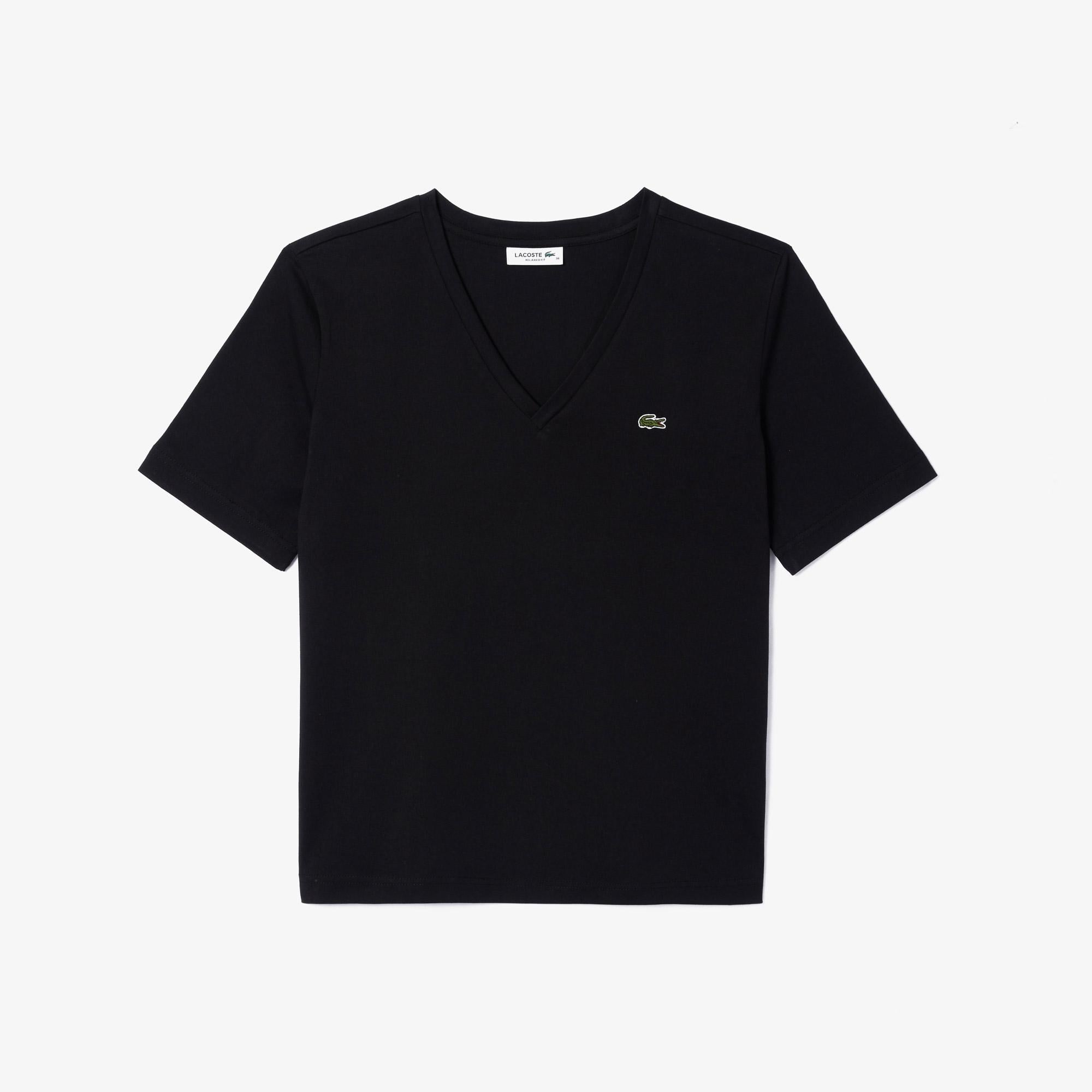 Lacoste Kadın Relaxed Fit V Yaka Siyah T-Shirt