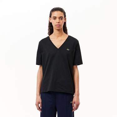  Lacoste Kadın Relaxed Fit V Yaka Siyah T-Shirt
