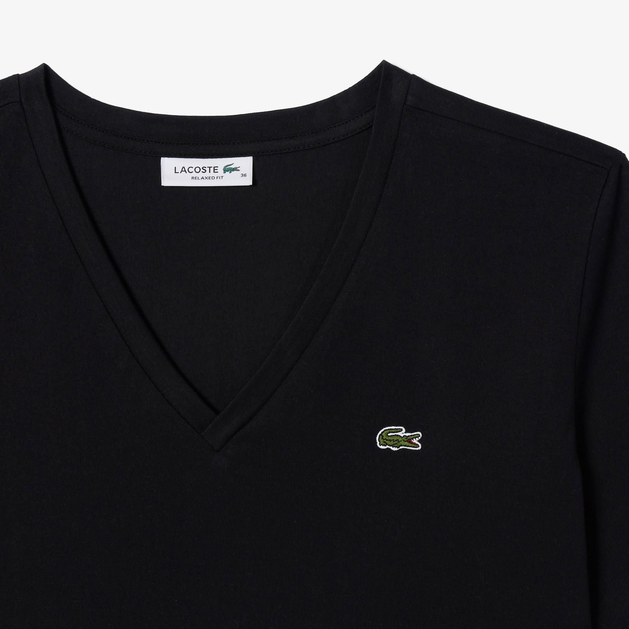 Lacoste Kadın Relaxed Fit V Yaka Siyah T-Shirt