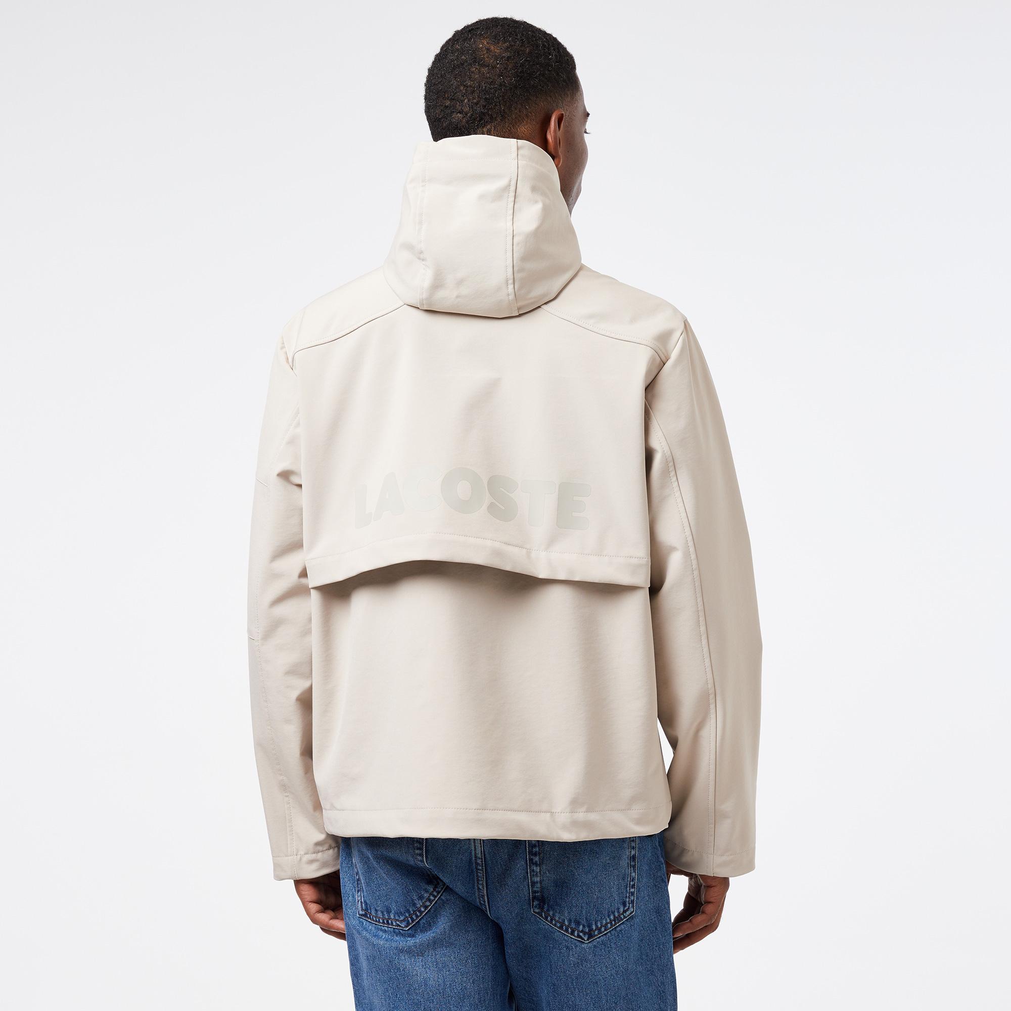 Erkek Relaxed Fit Kapüşonlu Baskılı Krem Yağmurluk