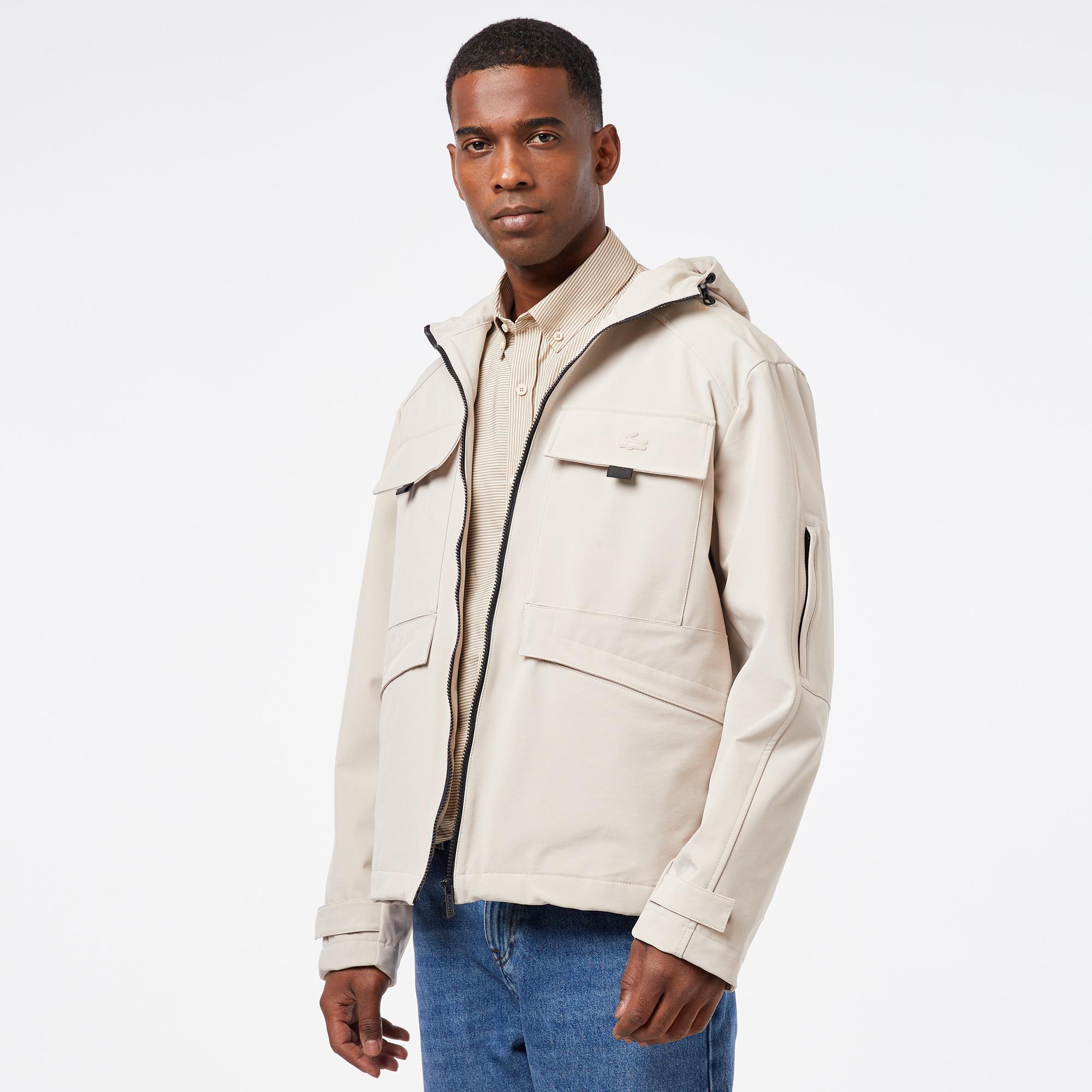 Erkek Relaxed Fit Kapüşonlu Baskılı Krem Yağmurluk