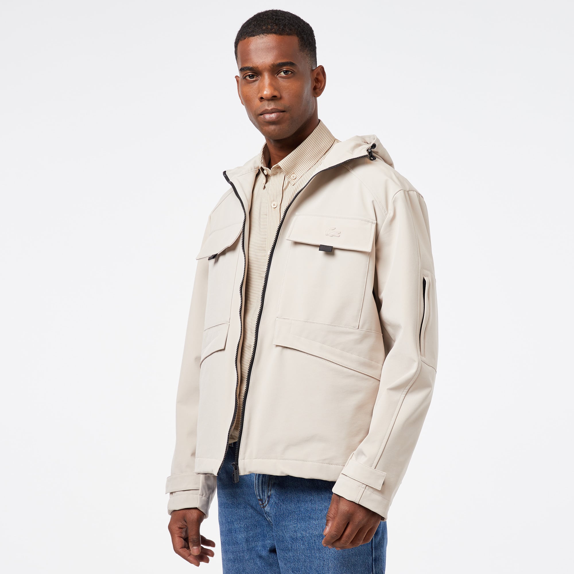  Erkek Relaxed Fit Kapüşonlu Baskılı Krem Yağmurluk