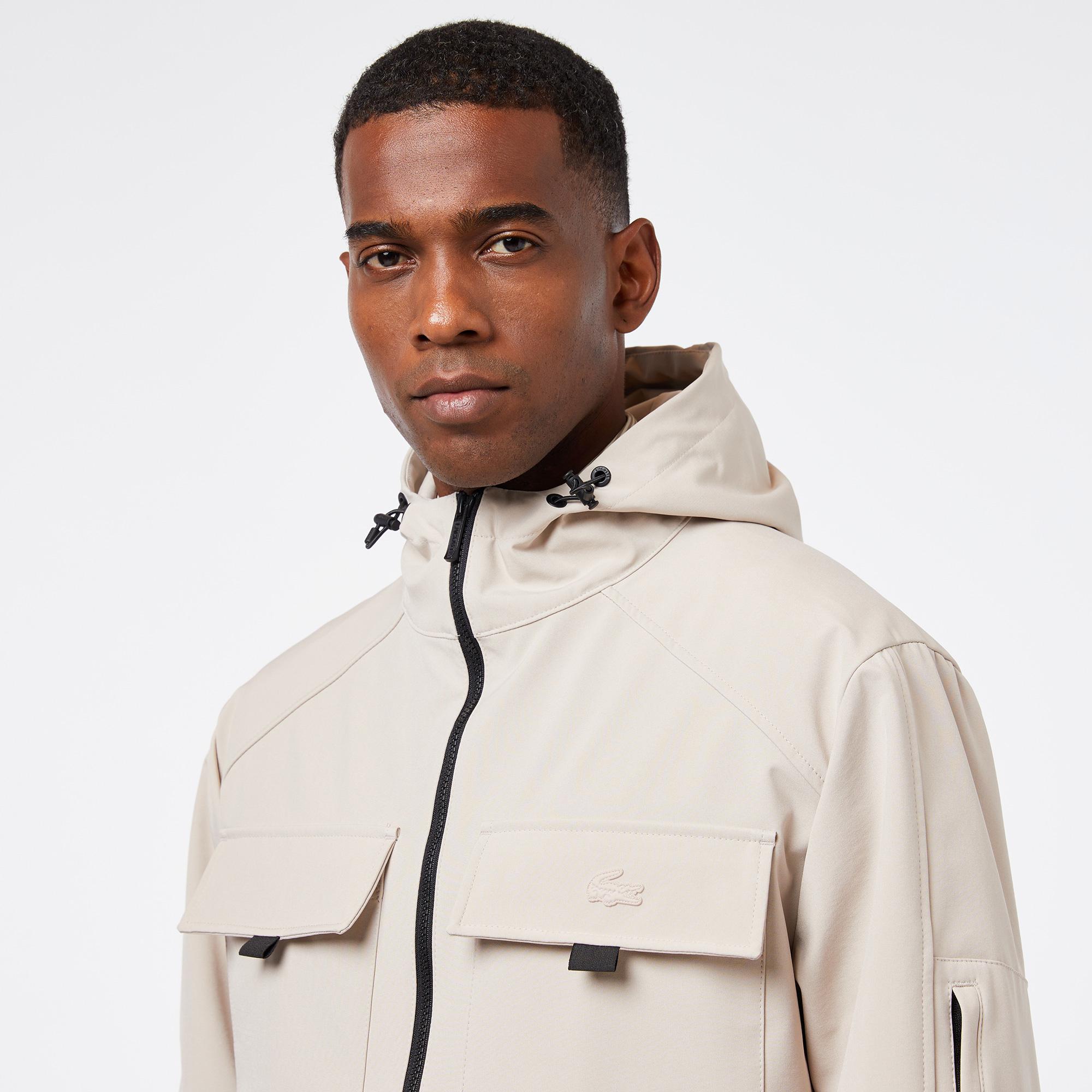 Erkek Relaxed Fit Kapüşonlu Baskılı Krem Yağmurluk