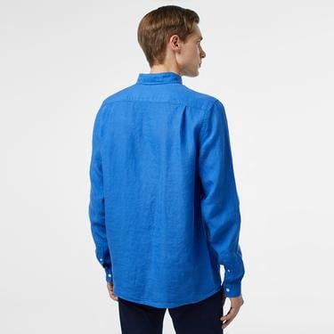  Erkek Regular Fit Düğmeli Yaka Keten Mavi Gömlek