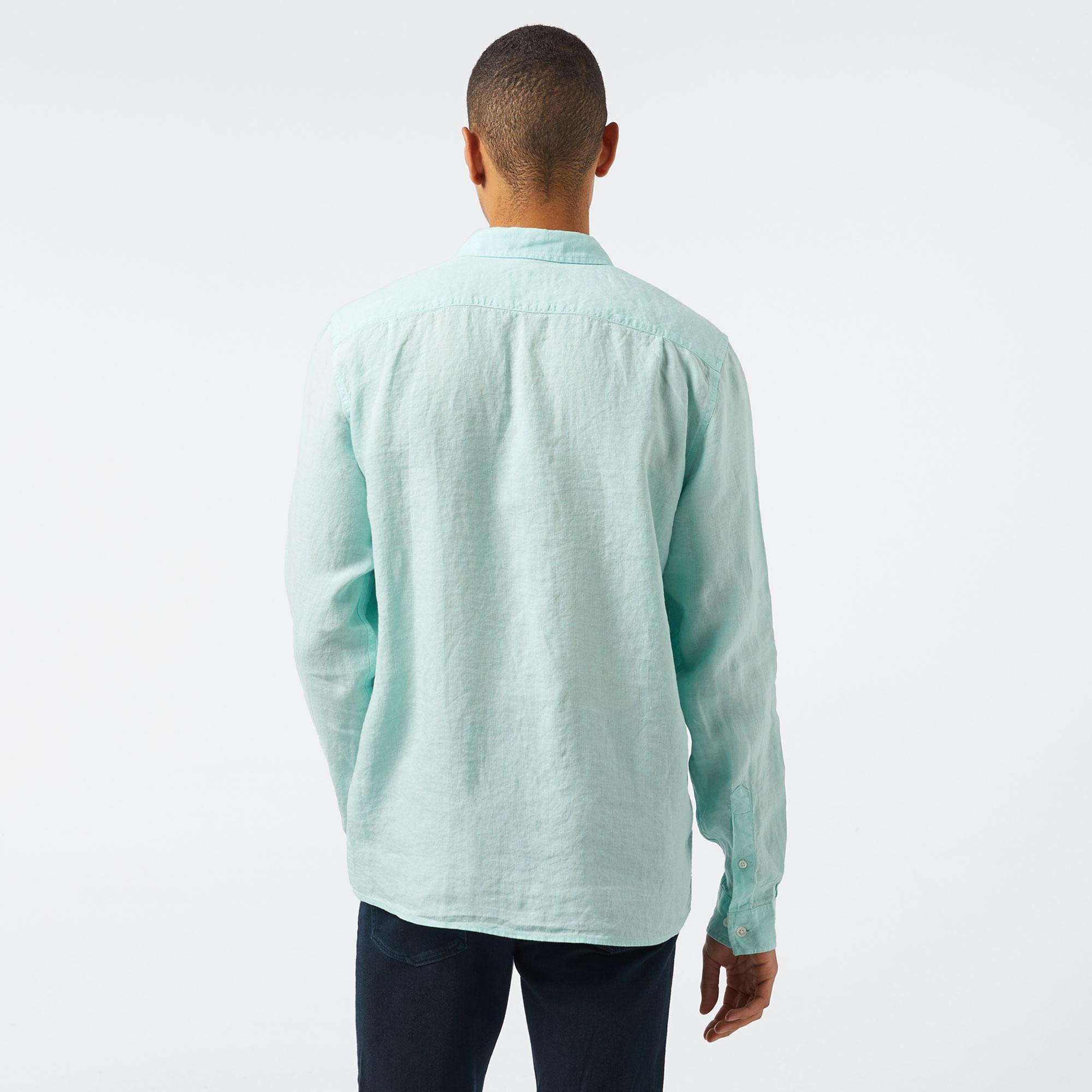 Erkek Regular Fit Düğmeli Yaka Keten Yeşil Gömlek