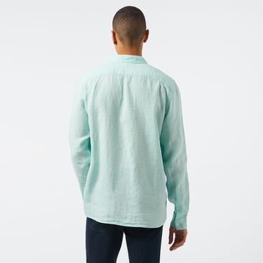  Erkek Regular Fit Düğmeli Yaka Keten Yeşil Gömlek