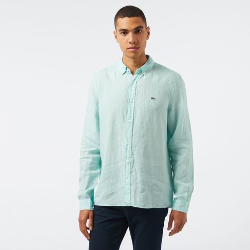  Erkek Regular Fit Düğmeli Yaka Keten Yeşil Gömlek