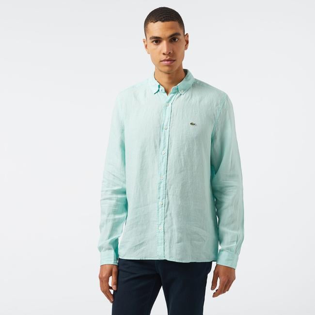  Erkek Regular Fit Düğmeli Yaka Keten Yeşil Gömlek