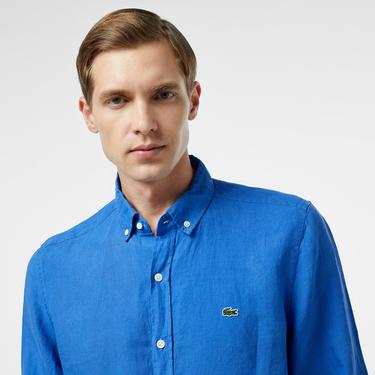  Erkek Regular Fit Düğmeli Yaka Keten Mavi Gömlek